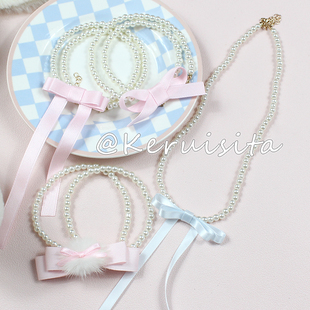 芭蕾风粉蓝蝴蝶结法式 仿珍珠项链锁骨链Lolita日系软妹可爱心饰品