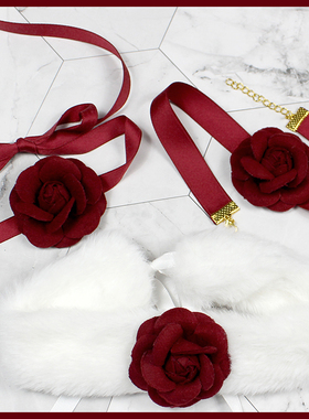 少女酒红山茶花蝴蝶结毛绒脖圈项链锁骨链choker日系可爱女m软妹
