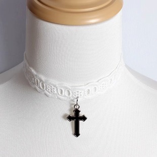 十字架蕾丝花边choker白黑色项链锁骨链颈饰项圈Lolita女仆修女