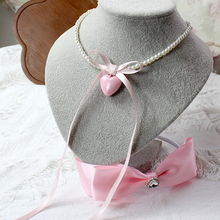 粉色长飘带丝带锁骨链项链爱心可爱Lolita甜妹仿珍珠龙心少萝心形