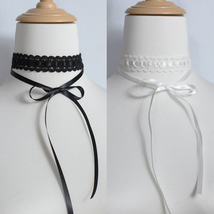 氛围双层黑白棉质蕾丝项链蝴蝶结飘带缎带choker锁骨链颈环少女仆