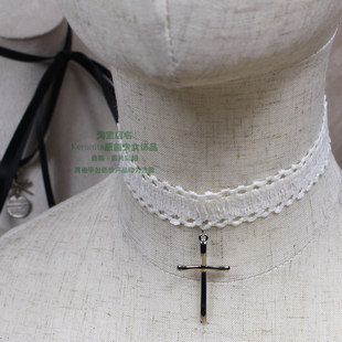 米色棉质蕾丝锁骨链项链亚文化大号细十字架chocker项圈日系少女