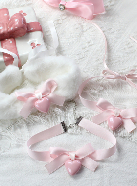 爱心形少女浅粉色蝴蝶结毛绒脖圈项链锁骨链choker日系可爱女甜妹