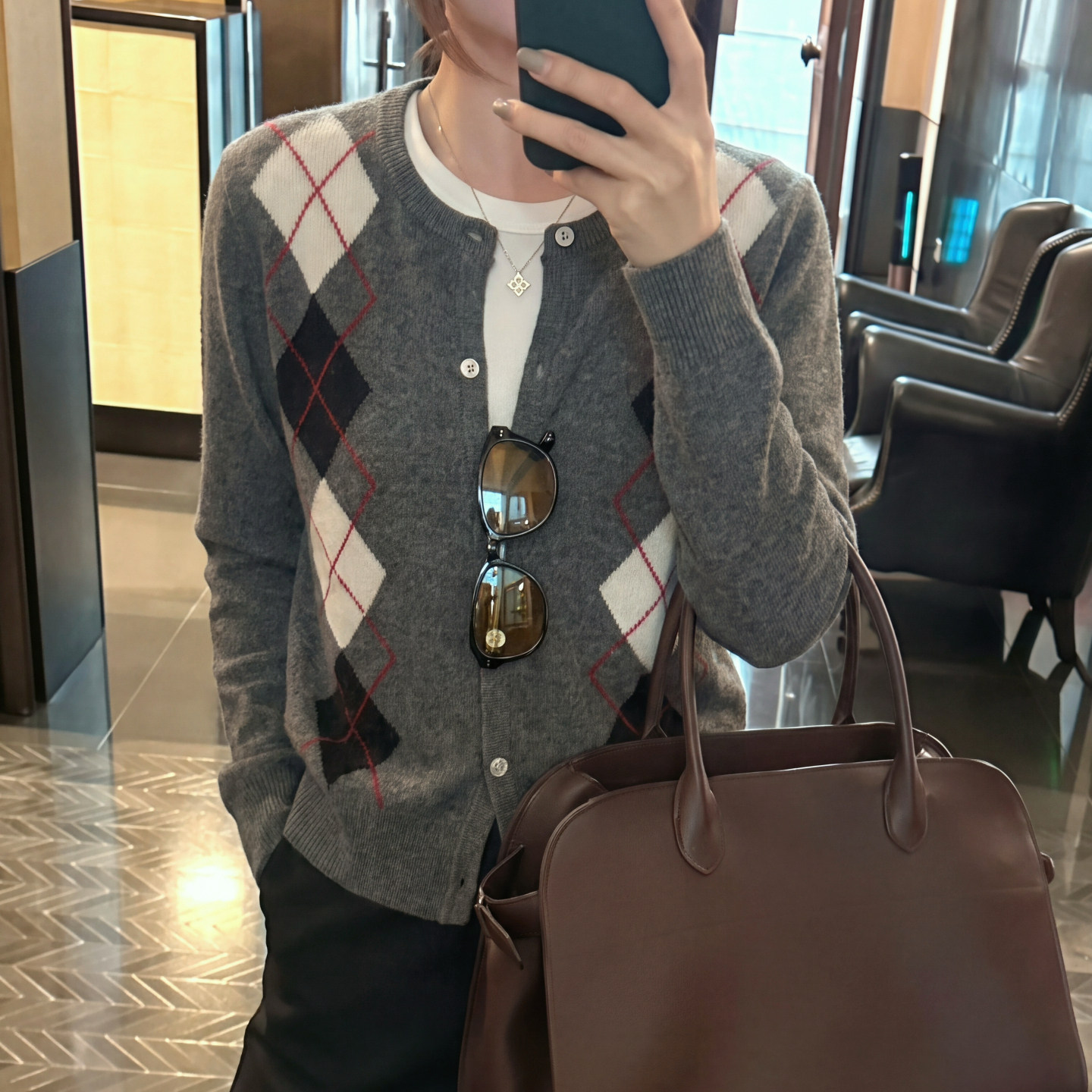 灰色菱格针织开衫女修身显瘦上衣
