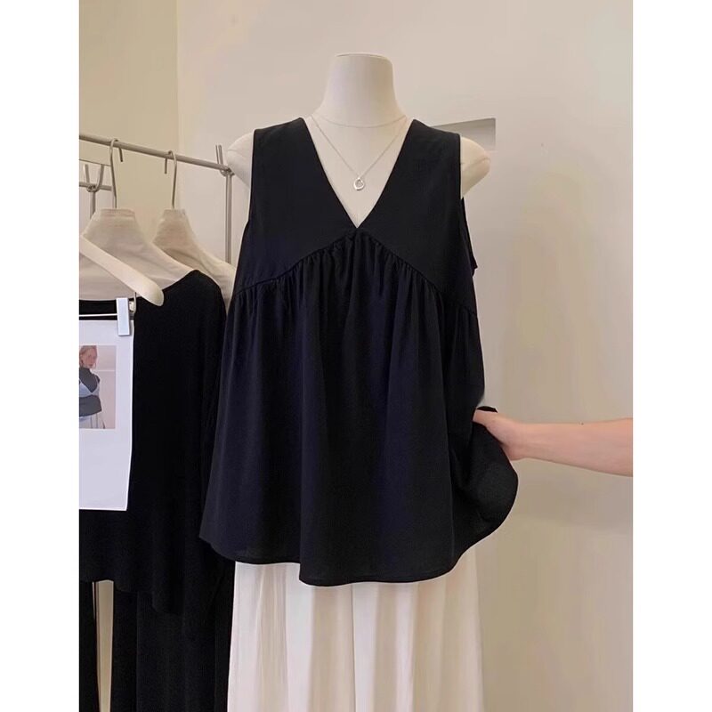 高级感黑色v领吊带背心女夏季外穿中长款无袖雪纺娃娃衫气质上衣