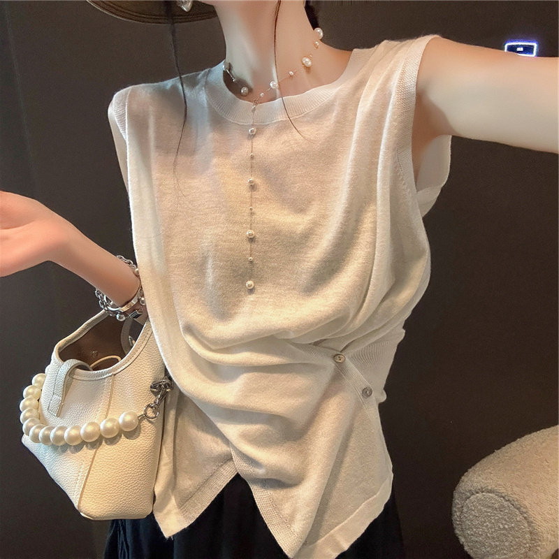 不规则法式圆领针织无袖上衣女夏季2026新款修身别致短款短袖t恤