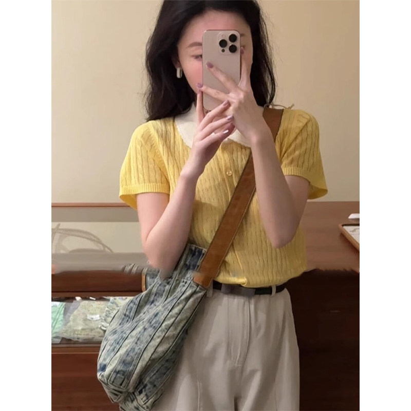 黄色娃娃领冰丝针织短袖t恤女夏季韩系独特漂亮修身短款翻领上衣