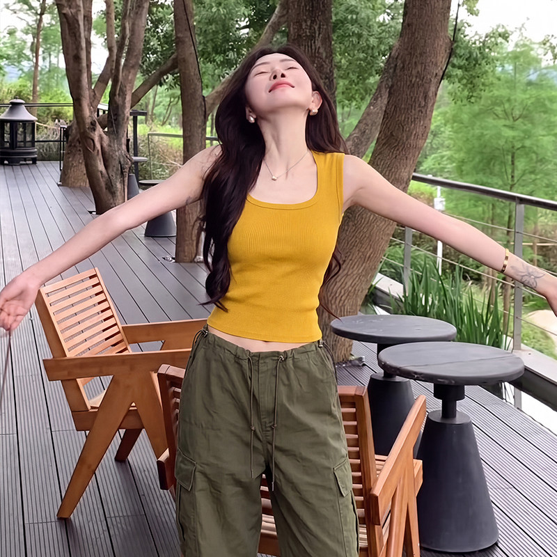 方领工资吊带背心遮副乳无袖上衣