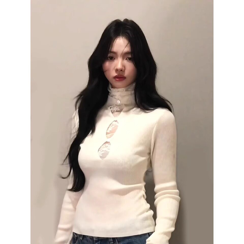 白色高领镂空蕾丝拼接针织打底衫女秋冬设计感假两件修身内搭上衣
