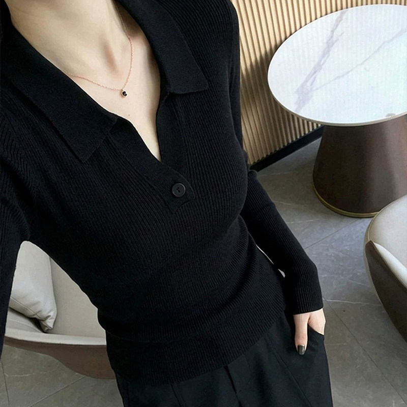 老钱风针织polo衫修身长袖上衣女