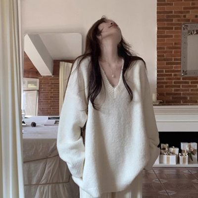 中长款v领毛衣宽松加厚针织上衣