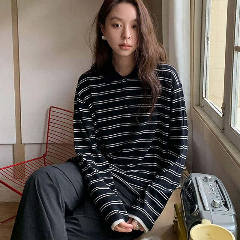 miu系条纹polo领针织衫长袖t恤女