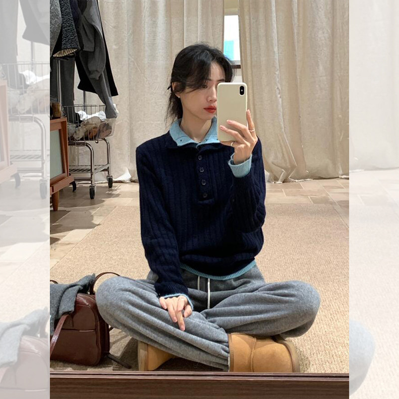 翻领假两件毛衣宽松针织衫上衣厚