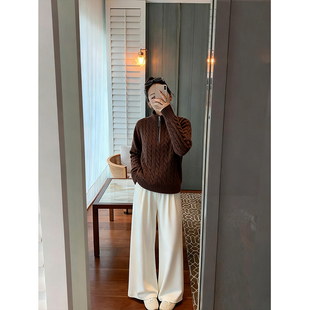 美拉德咖色立领麻花套头毛衣女秋冬外穿内搭宽松老钱风针织衫上衣