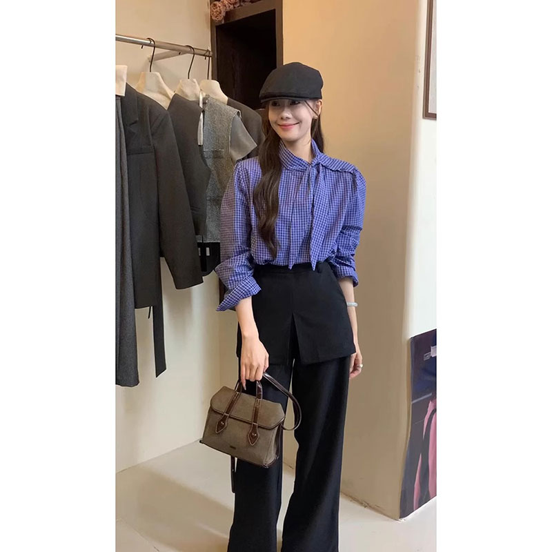 法式蓝色格子系带长袖衬衫女