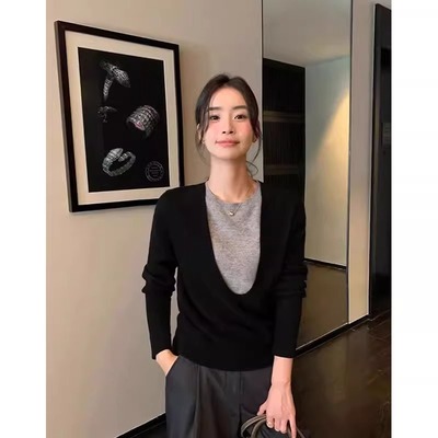 假两件撞色羊毛针织衫大u领上衣