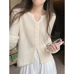 法式杏色长袖冰丝防晒针织衫女夏薄款开叉外穿空调衫罩衫短款上衣