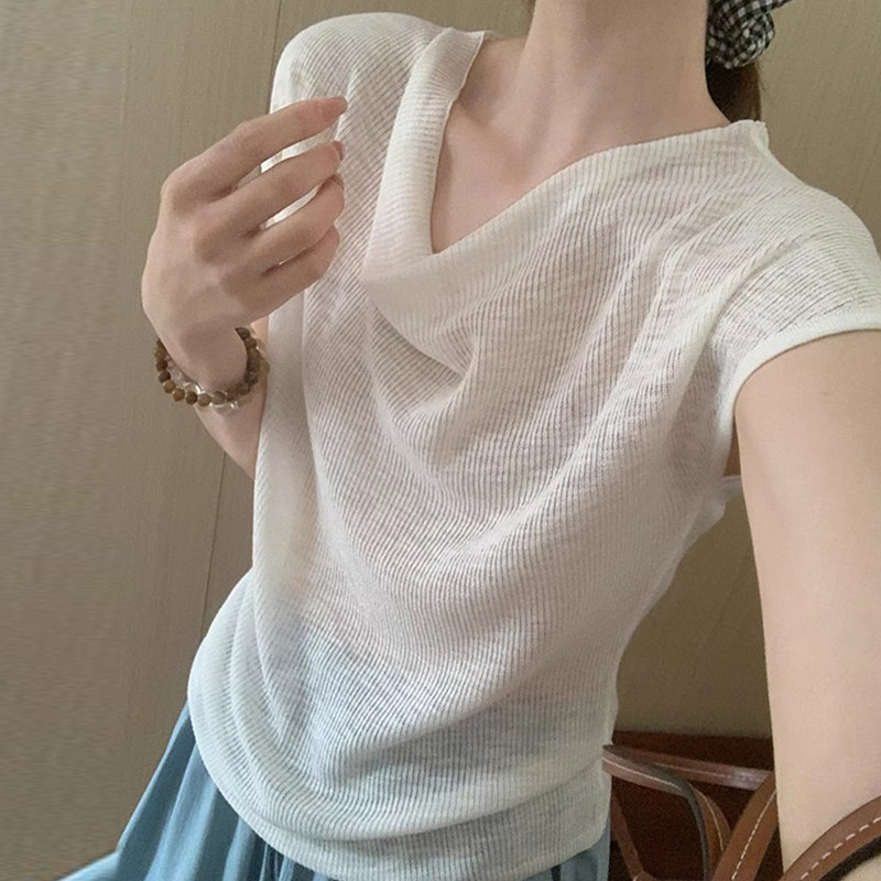 简约白色荡领冰丝短袖t恤女夏季新款小个子正肩宽松轻薄针织上衣