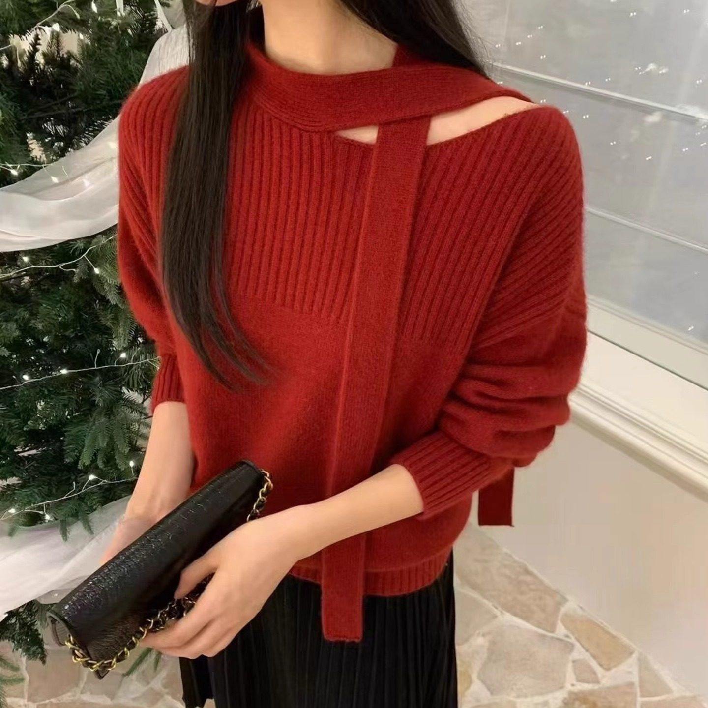 韩系红色挂脖飘带露肩毛衣女秋冬氛围感穿搭内搭针织衫高级感上衣,女装/女士精品,毛衣,淘宝优惠券,粉丝福利购,淘宝优惠卷