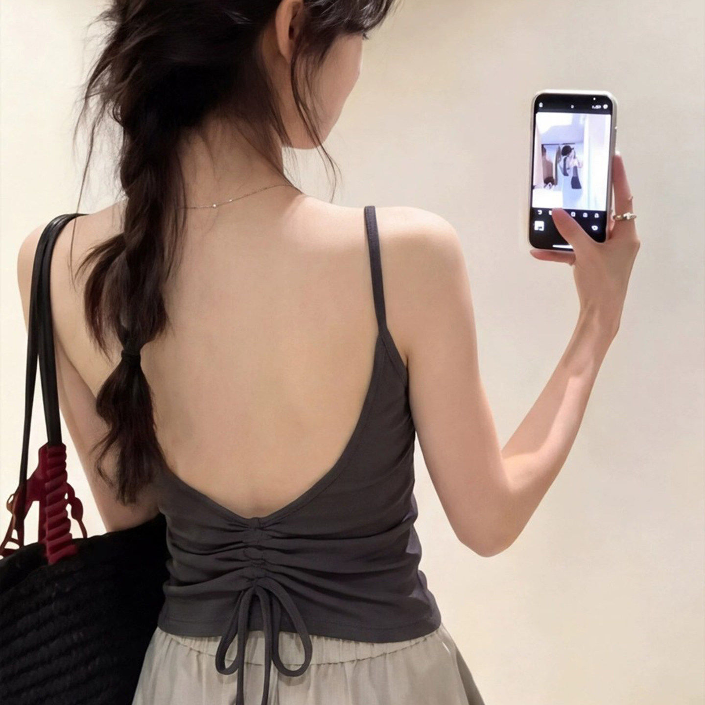 美式辣妹露背抽绳吊带小背心女夏