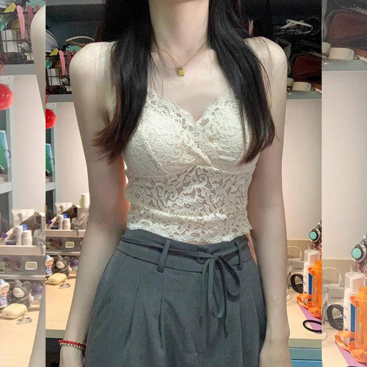 纯欲白色蕾丝小吊带背心女夏季内搭打底遮副乳带胸垫无袖短款上衣