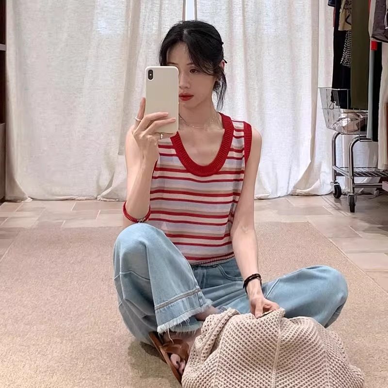 红色条纹u领冰丝针织吊带背心女夏季外穿独特漂亮宽松无袖上衣薄
