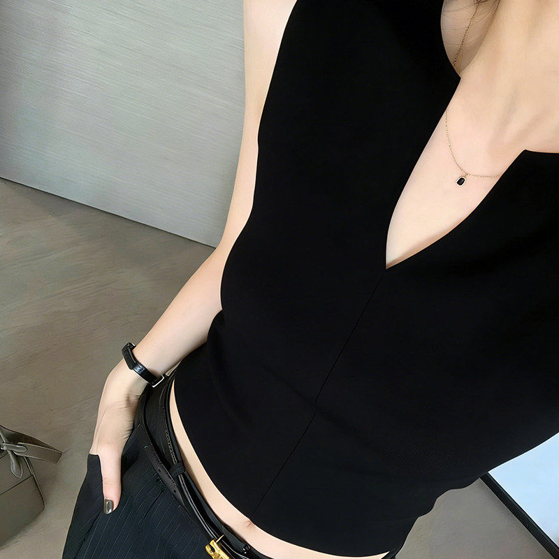 法式黑色v领针织吊带背心女夏季老钱风外穿修身无袖内搭小资上衣