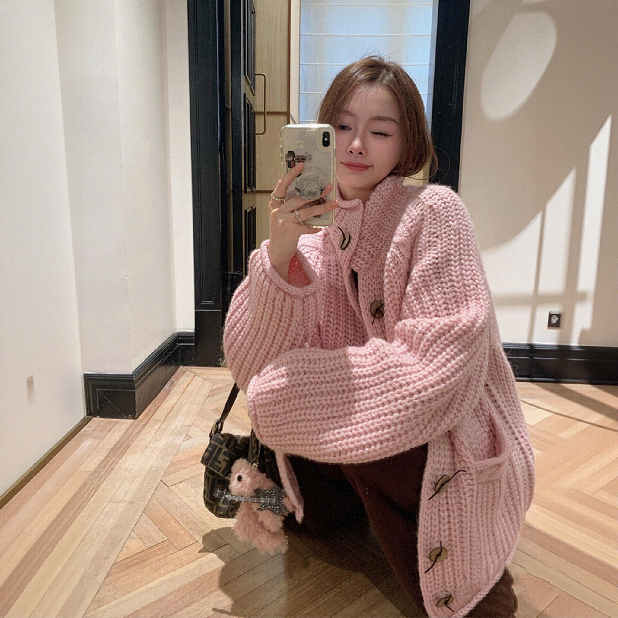 韩系粉色粗针高领毛衣外套女秋冬氛围感慵懒宽松加厚针织开衫上衣
