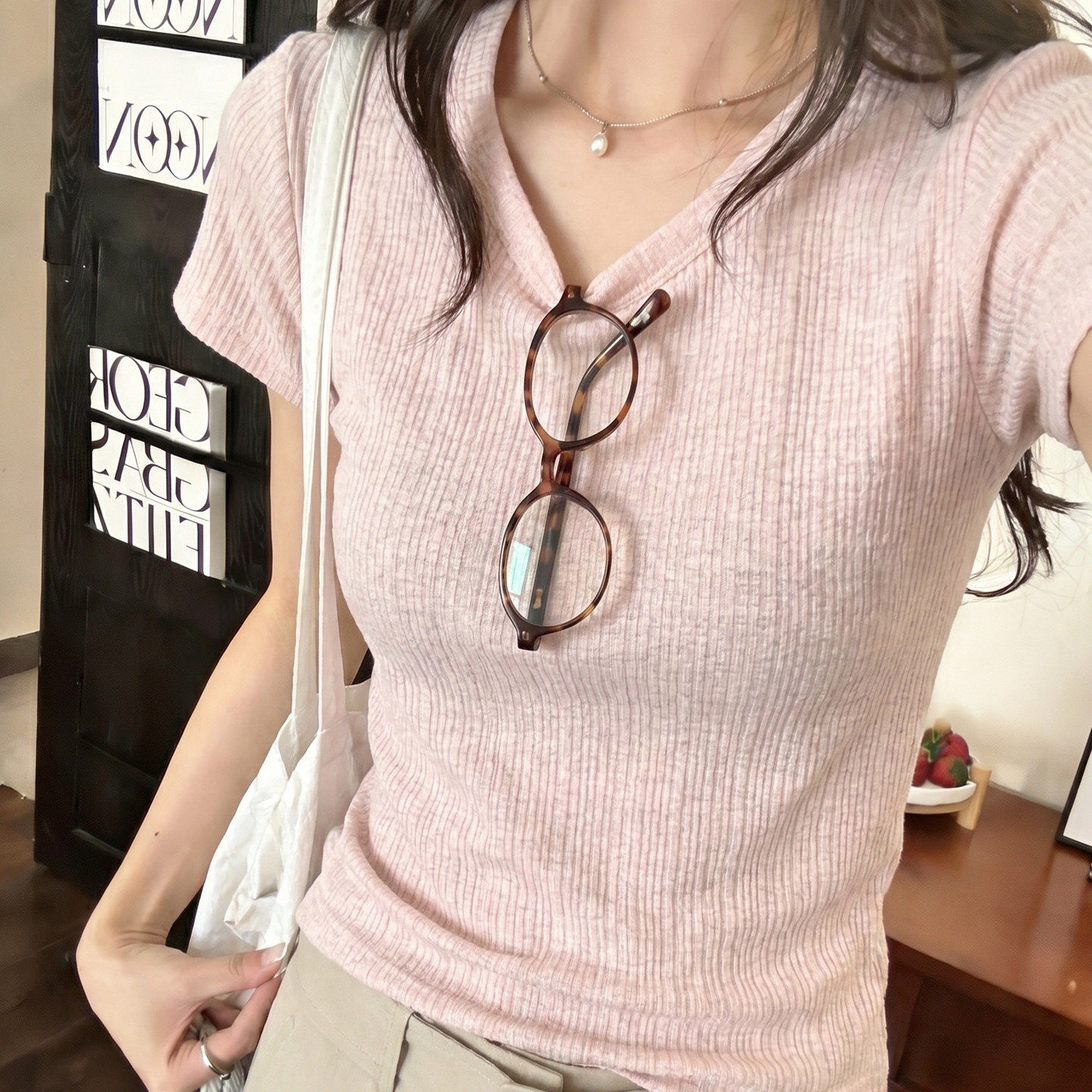 韩系肌理感正肩短袖t恤女巨好看