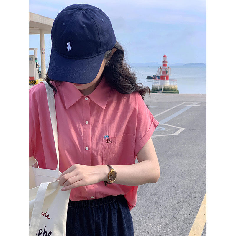 粉色polo领刺绣正肩短袖衬衫女夏季设计感宽松显瘦衬衣小飞袖上衣