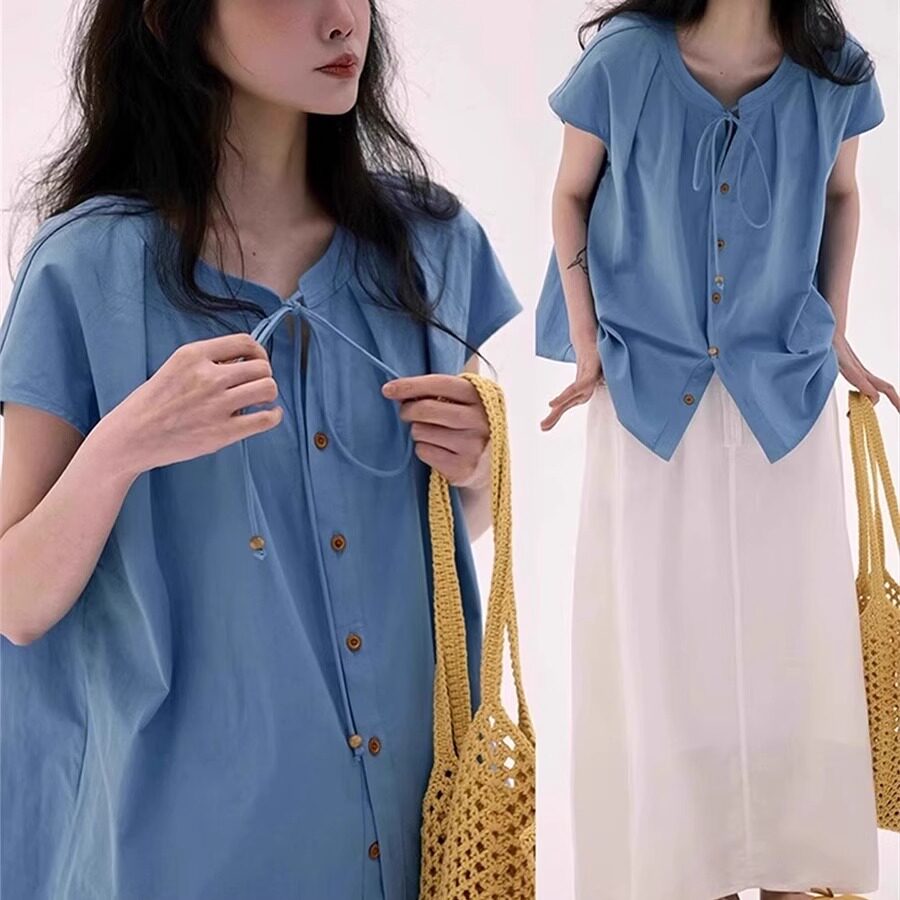 日系系带短袖衬衫棉麻娃娃衫上衣