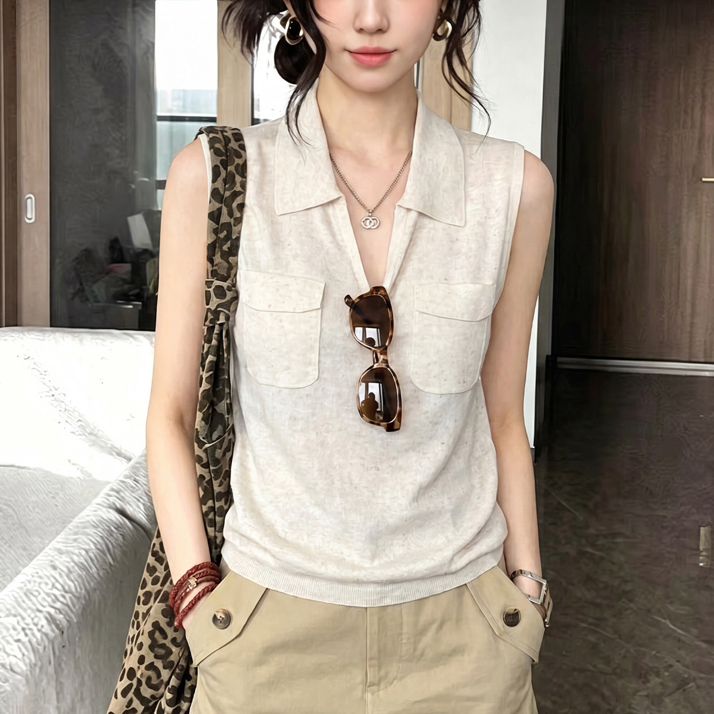 老钱风亚麻polo领针织马甲背心女
