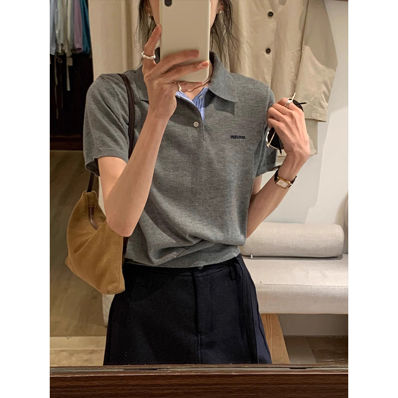 韩系灰色假两件短袖polo衫t恤女夏季miu系穿搭正肩宽松针织衫上衣