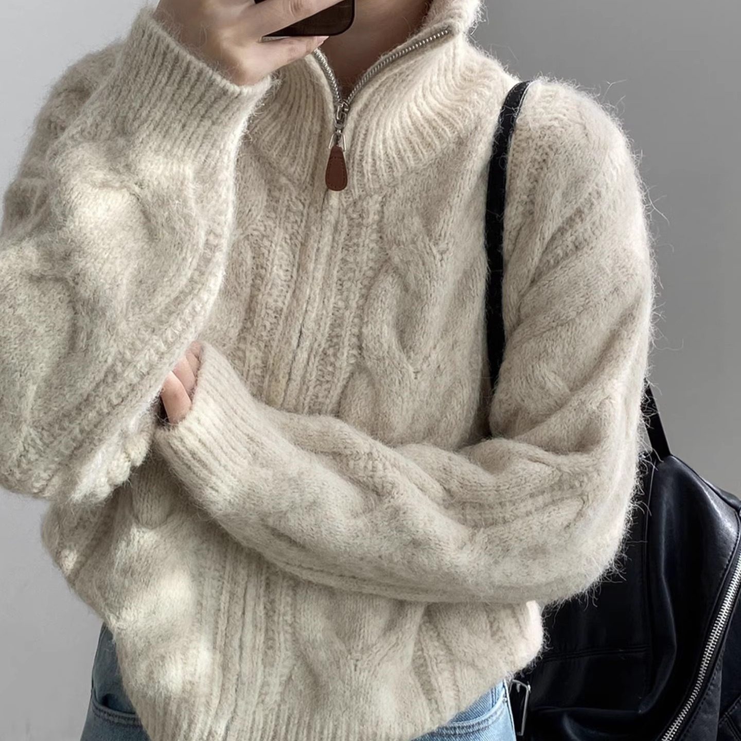 美式复古麻花高领厚毛衣外套女秋冬老钱风慵懒宽松针织衫拉链上衣
