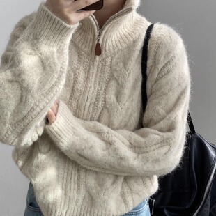 美式复古麻花高领厚毛衣外套女秋冬老钱风慵懒宽松针织衫拉链上衣