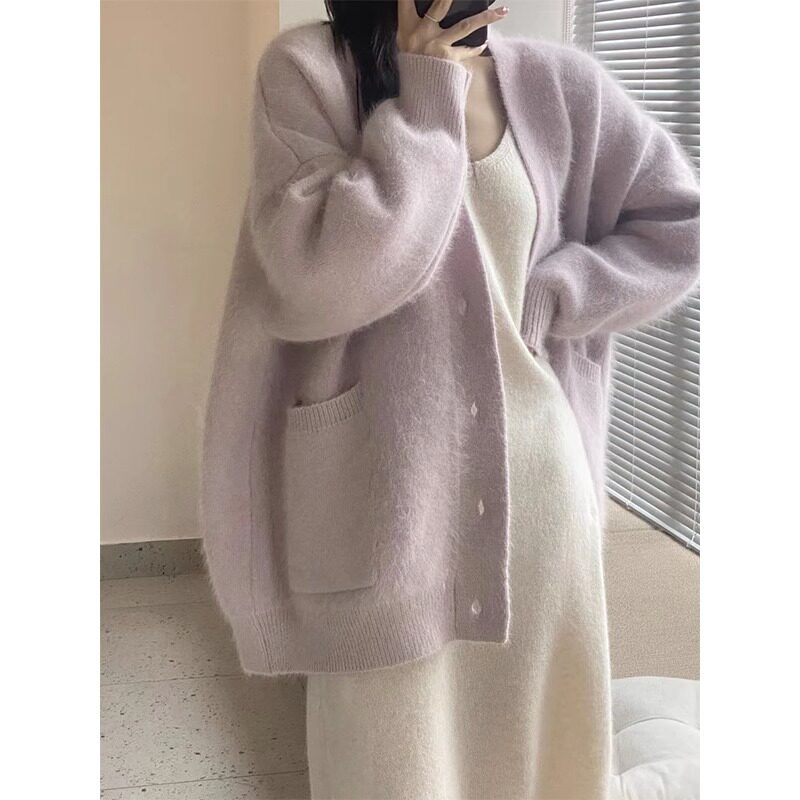 紫色V领水貂绒毛衣宽松慵懒