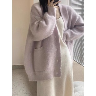 紫色V领水貂绒毛衣女2025秋冬新款高级感宽松慵懒风软糯针织开衫