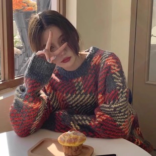 复古圣诞红色毛衣女秋冬新款高级感宽松慵懒风外穿加厚针织衫上衣