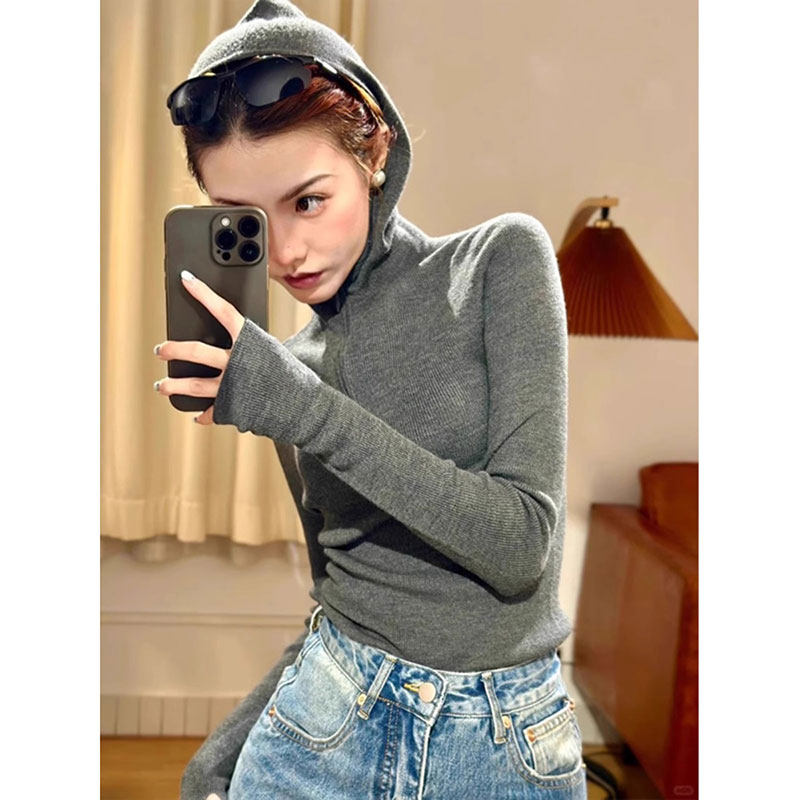 美式灰色半拉链连帽针织衫女秋冬季辣妹修身显瘦内搭打底帽衫上衣
