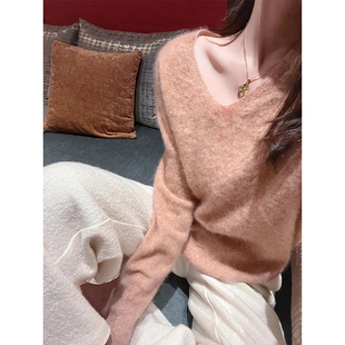 韩系高级感橘粉色v领毛衣女秋冬可外穿内搭宽松软糯针织衫上衣厚