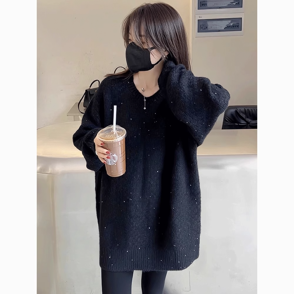 中长款亮片黑色毛衣女冬季外穿遮屁股上衣宽松加厚套头针织衫大衣