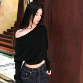 女秋冬高级感蝙蝠袖 法式 黑色一字斜肩针织衫 宽松内搭毛衣露肩上衣