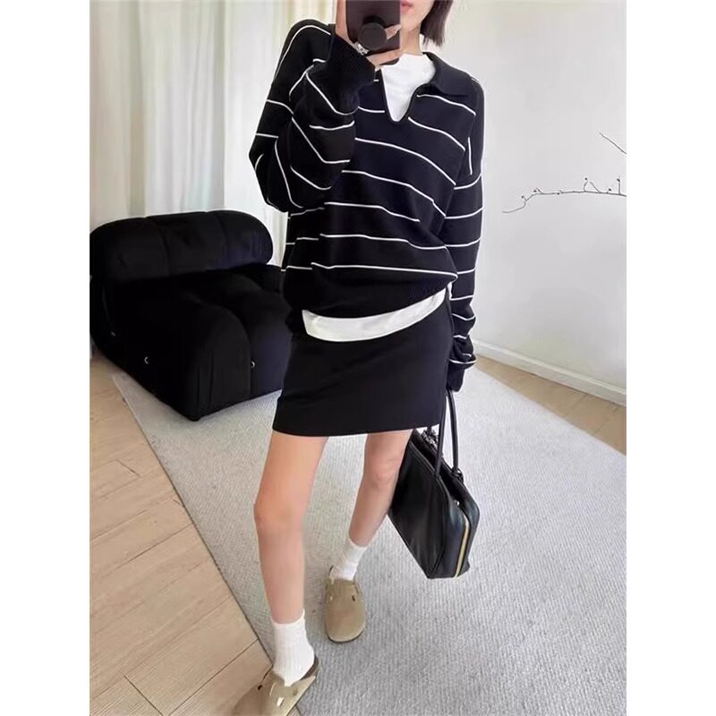 复古条纹黑色翻领针织polo衫女春秋V领内搭老钱风毛衣打底衫上衣