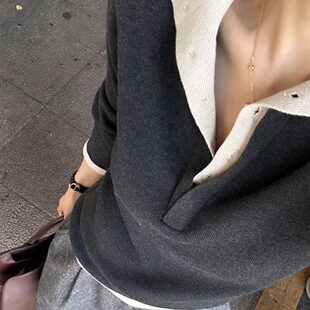 老钱风灰色假两件半开领针织衫女秋冬高级感宽松内搭打底毛衣上衣