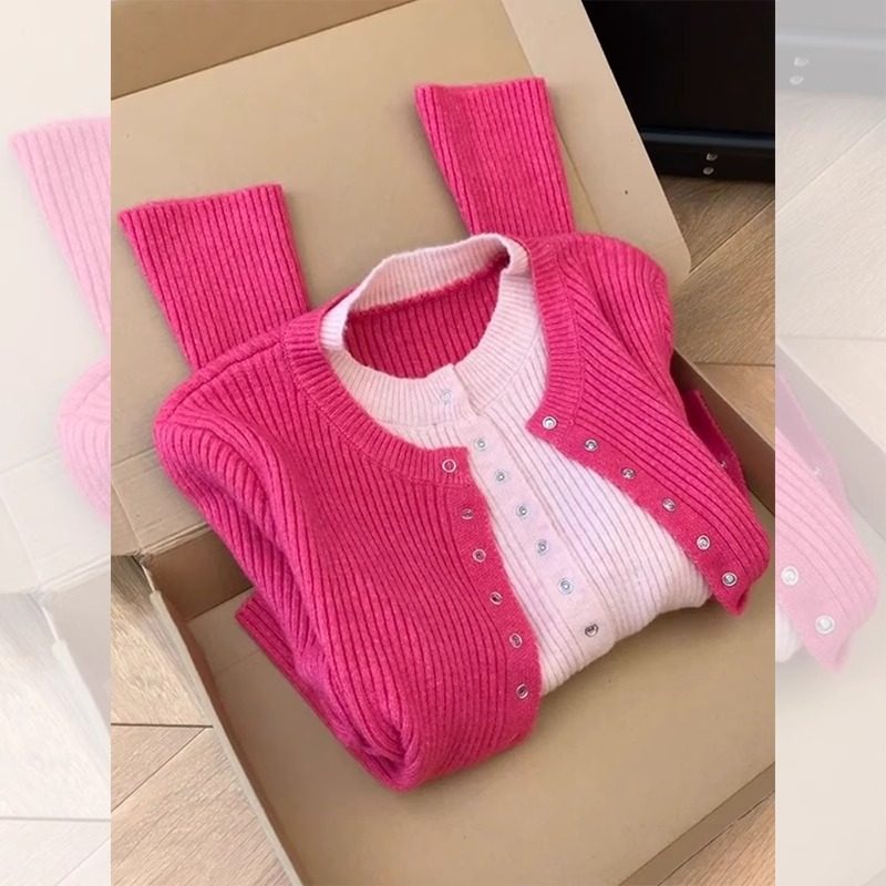 粉色假两件针织开衫女初秋穿搭设计感宽松短款毛衣外套小个子上衣