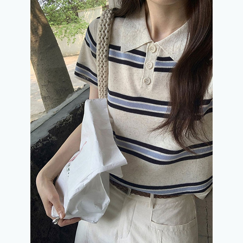 polo衫条纹翻领女t恤夏正肩短袖冰丝针织别致绝美独特短款小上衣