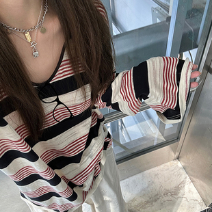 韩版条纹大领口防晒罩衫女秋季慵懒松弛感长袖t恤休闲宽松上衣薄