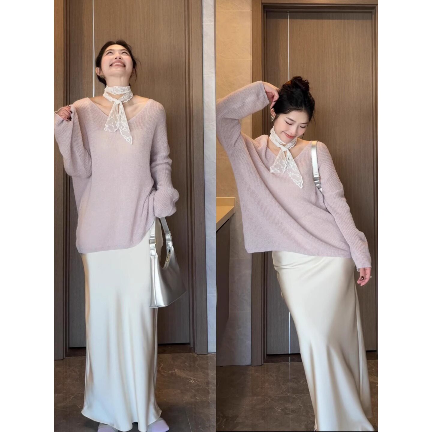 温柔风紫色v领针织衫女春季吊带外搭宽松防晒罩衫外穿气质上衣薄