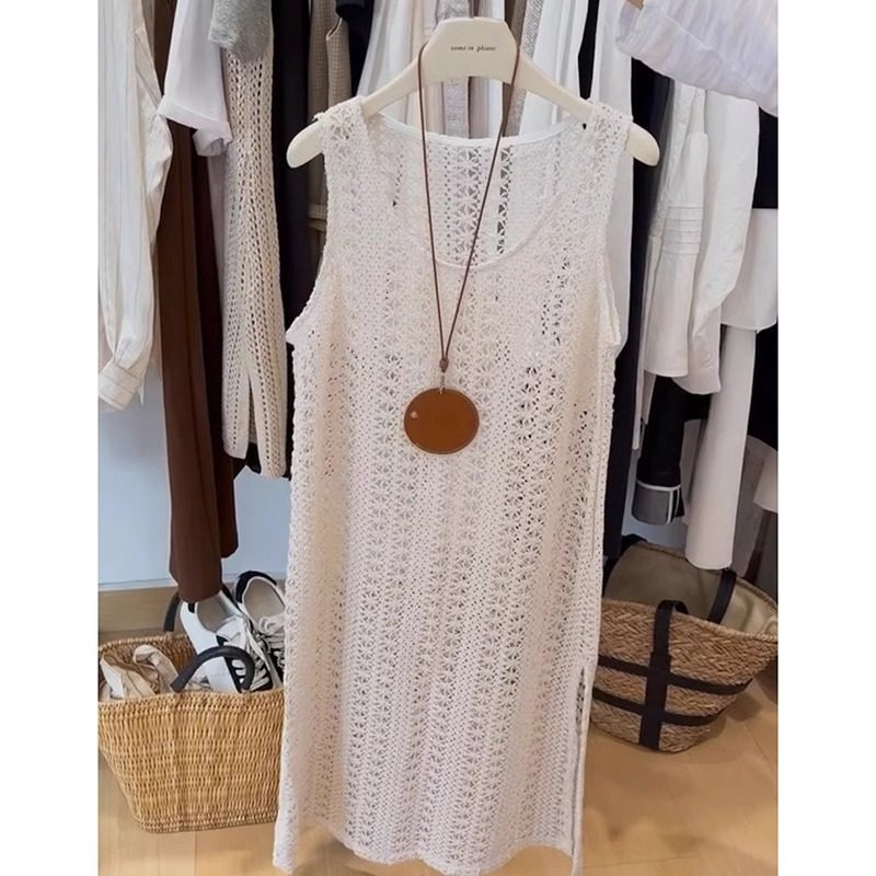 网织镂空u领针织罩衫女夏中长款叠穿无袖吊带背心裙冰丝防晒上衣