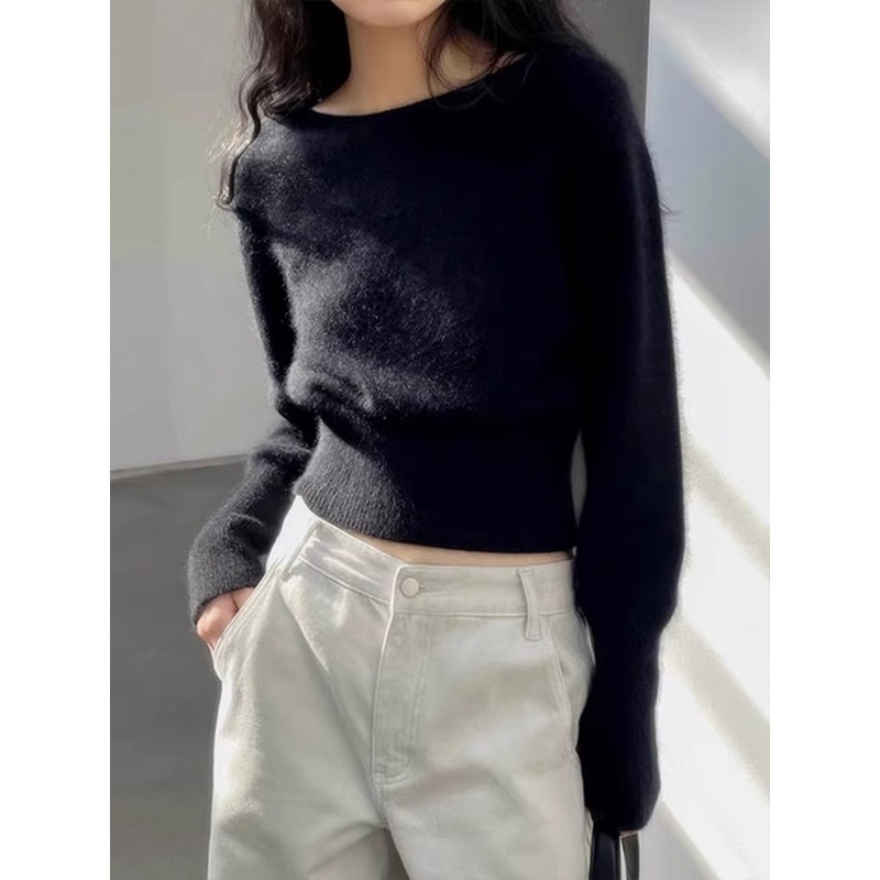 法式复古黑色软糯针织羊绒衫女秋冬修身收腰短款毛衣内搭打底上衣